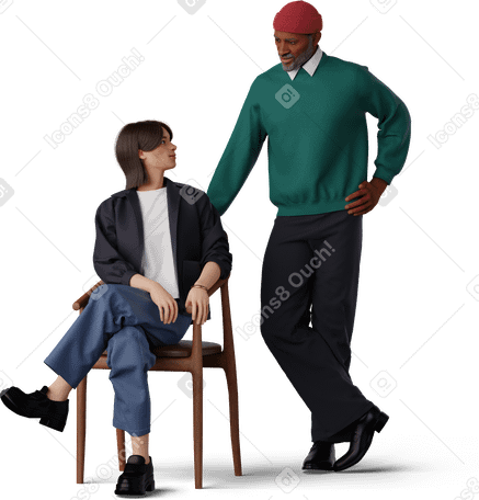 3D man leaning on chair and talking to young woman PNG, SVG
