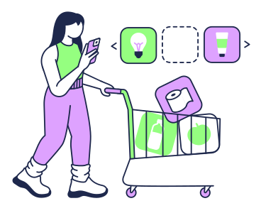 장바구니를 들고 온라인 쇼핑을 하는 여성 PNG, SVG