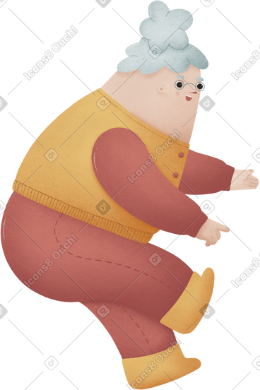 Granny in red pants and a yellow vest sits PNG, SVG