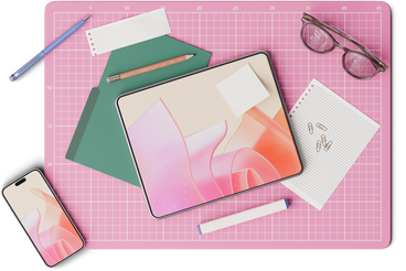 top view of desk with smartphone, tablet, and papers PNG, SVG
