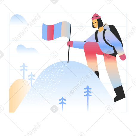 Женщина устанавливает флаг на заснеженной вершине горы в PNG, SVG