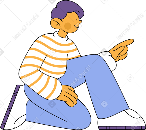 Illustrazione animata man in striped sweatshirt sitting and pointing with his finger in GIF, Lottie (JSON), AE