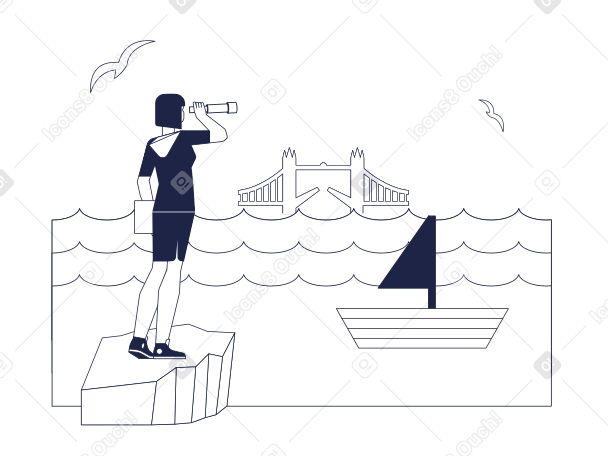 Woman looking at bridge through spyglass PNG, SVG