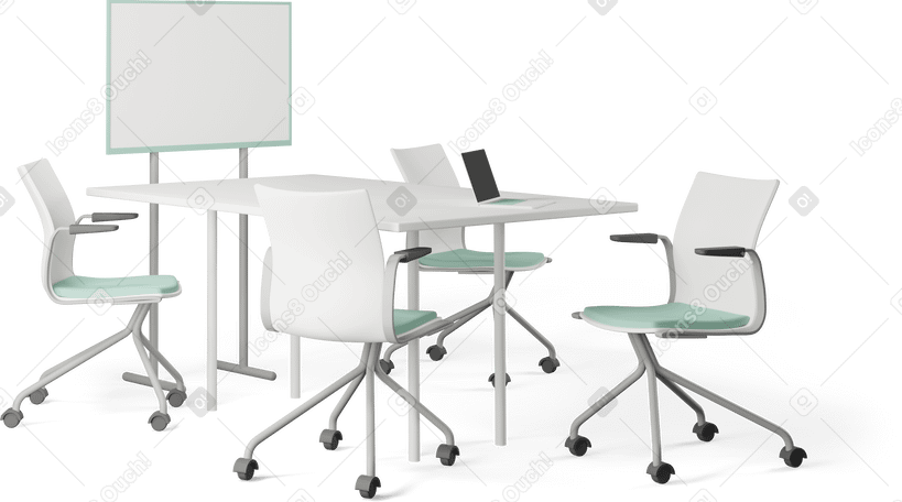 3D office chairs board table laptops PNG, SVG