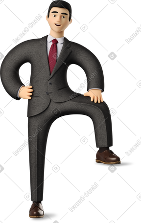 3D businessman in black suit leaning with one leg PNG, SVG