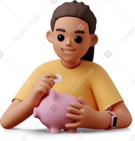 3D girl with piggy-bank and coin PNG, SVG