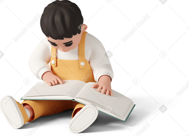3D little boy looks at book в PNG, SVG