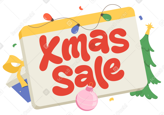 刻字圣诞销售与礼品盒和圣诞树文本 PNG, SVG