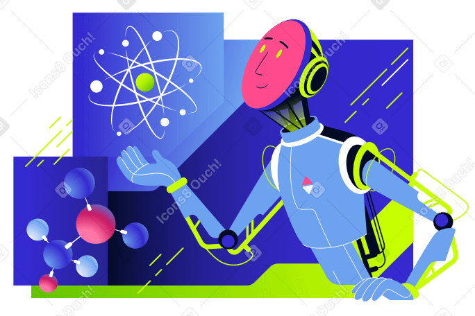 Robot android studies molecule and atom Illustration in PNG, SVG