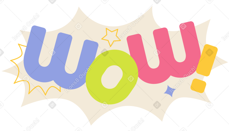 Надпись вау! со звездами и текстом декоративных элементов в PNG, SVG