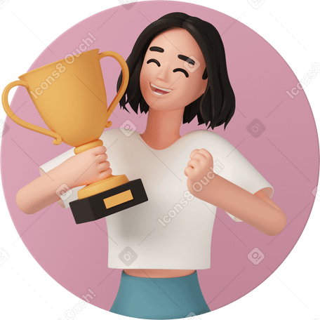3D happy woman with trophy cup в PNG, SVG