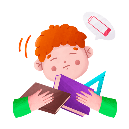 Tired of studying, the redheaded boy wants to sleep Illustration in PNG, SVG