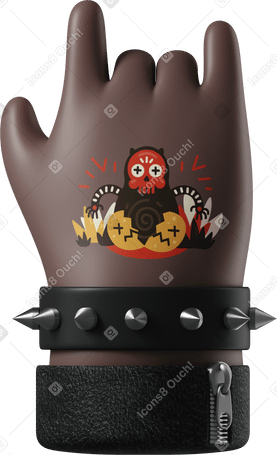 3D Rocker's black skin hand with a tattoo showing rock sign PNG, SVG