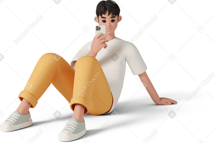 3D young man sitting on floor and making photo with smartphone PNG, SVG