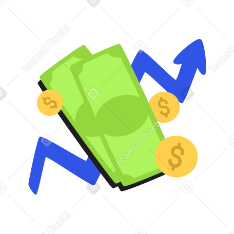 Graph of financial growth, banknotes and coins Illustration in PNG, SVG
