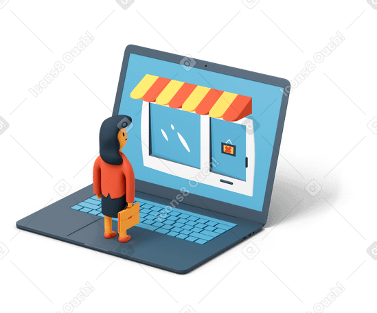 3D Woman standing on laptop and looking at closed online shop PNG, SVG