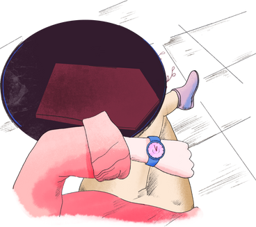 Woman with a watch in her hands is sitting at a round table PNG、SVG
