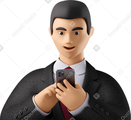 3D close up of businessman in black suit looking at phone PNG, SVG