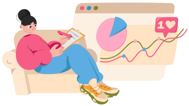 Woman writes in a document with a browser and graphs PNG, SVG