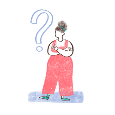 Curvy woman standing near question mark PNG, SVG
