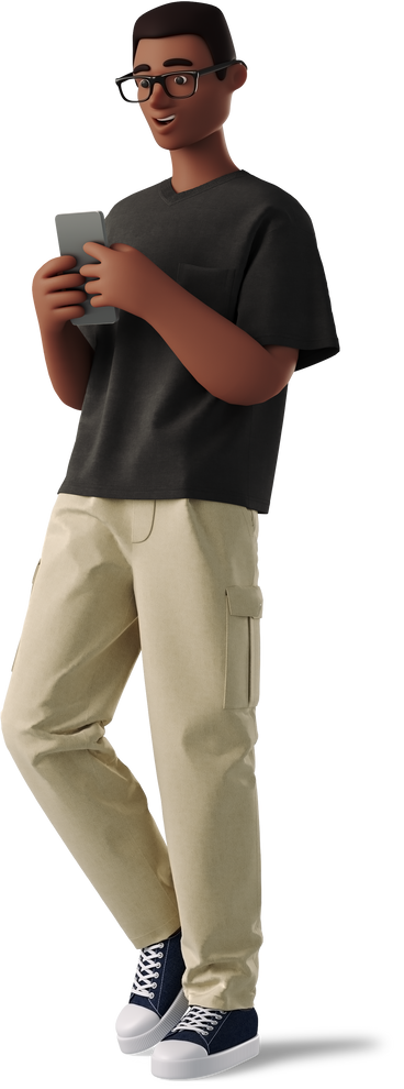 black man in glasses standing and typing on a phone PNG, SVG