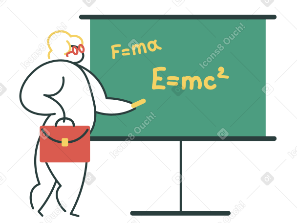 Professeur de physique écrivant des formules au tableau PNG, SVG
