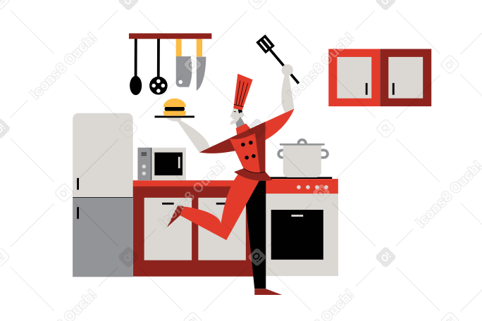 Мужчина готовит бургер на кухне в PNG, SVG