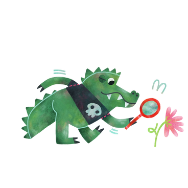 Alligatore che indossa una maglietta e guarda i fiori e cerca qualcosa con la lente d'ingrandimento PNG, SVG