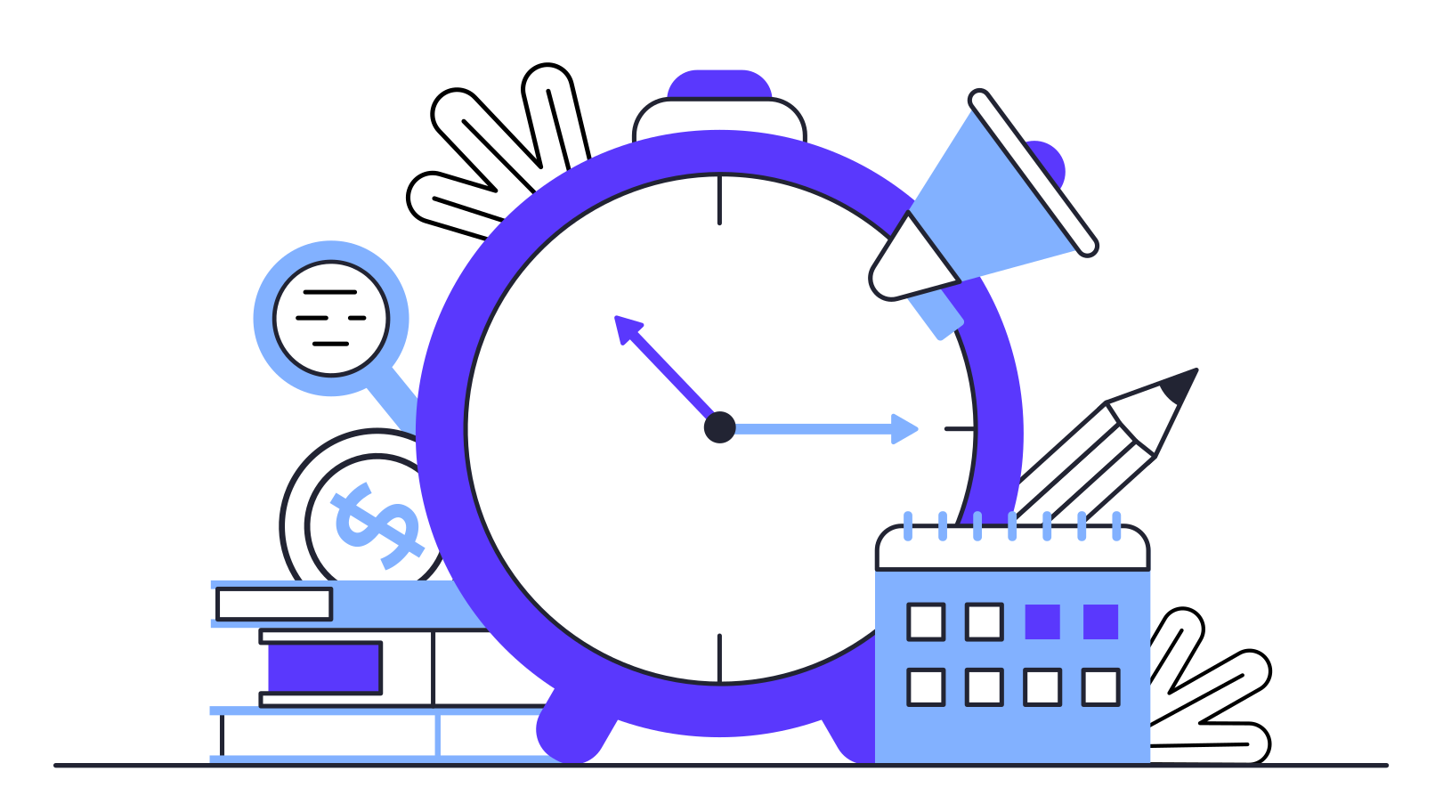 Timemanagement with alarm clock, books, magnifier, speaker Illustration in PNG, SVG