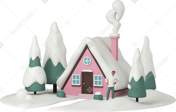 3D Мужчина перед домом в зимнем лесу в PNG, SVG
