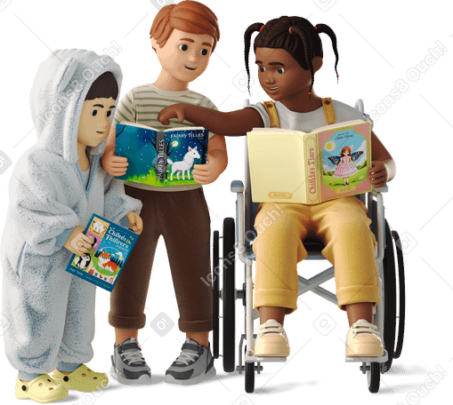 3D children chatting with books PNG, SVG
