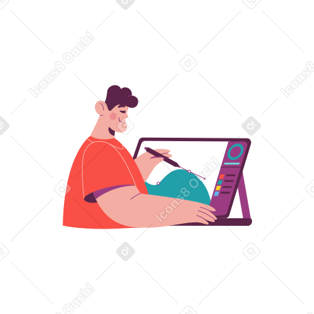 Illustration Homme dessinant sur une tablette numérique aux formats PNG, SVG