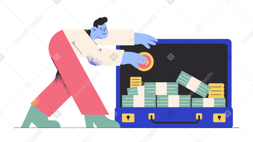 Мужчина кладет деньги в чемодан в PNG, SVG