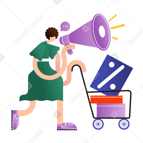 Marketing girl announcing discounts and sales into megaphone PNG, SVG