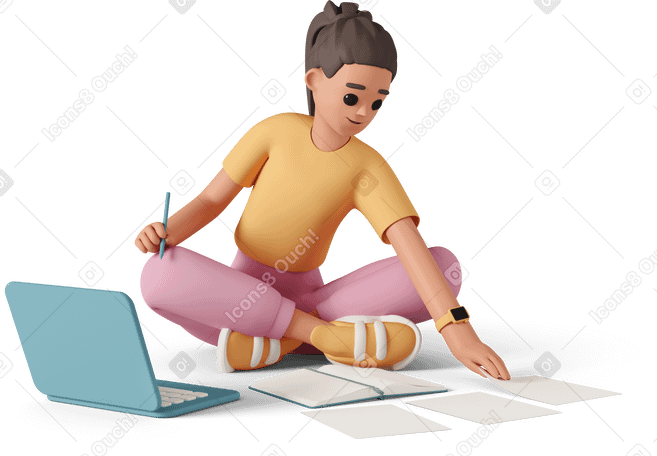 3D Menina sentada no chão com laptop e estudando PNG, SVG