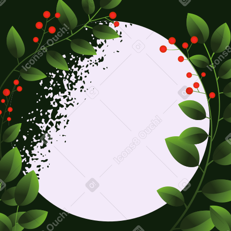 中央にテキスト用の白い円があり、暗い背景に緑の葉と赤い果実がある instagram の投稿 PNG、SVG