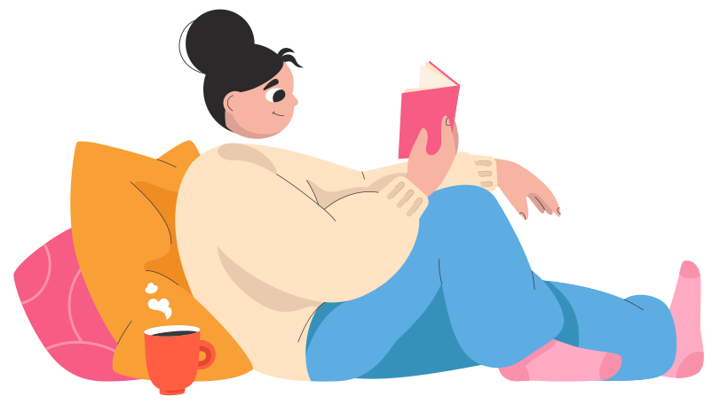 Girl with a cup of tea reading a book while lying on pillows Illustration in PNG, SVG