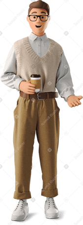 3D Молодой человек с кофе стоит и говорит в PNG, SVG