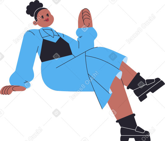 woman in long blue dress sitting with crossed legs Illustration in PNG, SVG