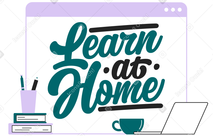 Lettering learn at home con computadora portátil y texto de libros PNG, SVG