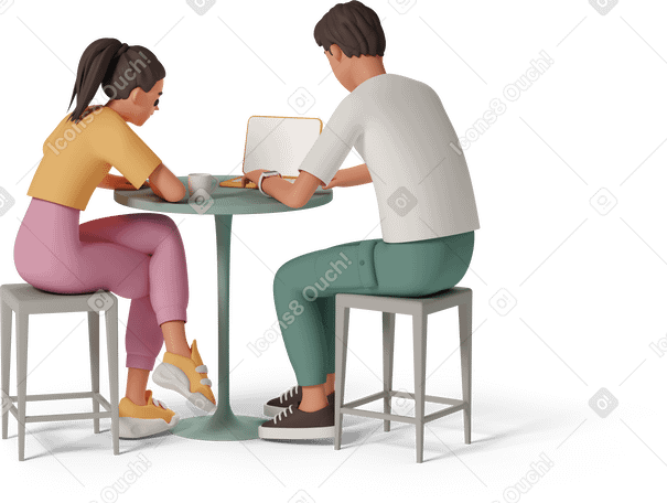 3D girl and boy working together in front of laptop Illustration in PNG, SVG