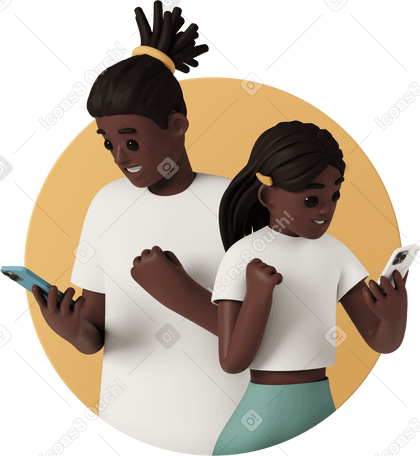 3D Jovem casal sorridente em pé e usando telefones celulares PNG, SVG