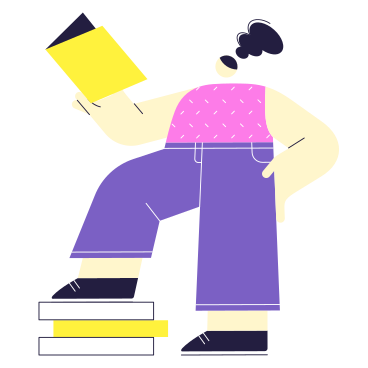 Woman standing on stack of books and reading PNG, SVG