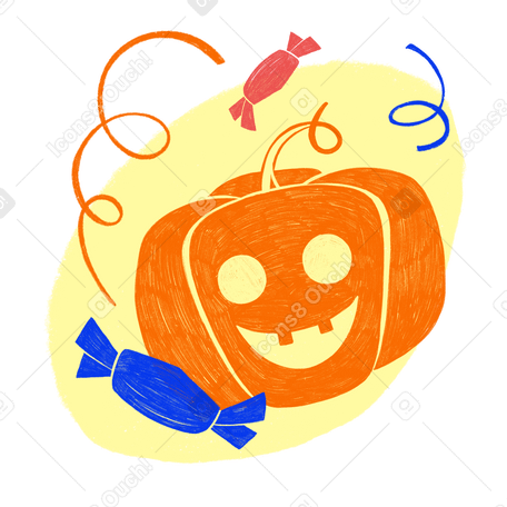 Lustiger orangefarbener kürbis mit süßigkeiten und konfetti für halloween PNG, SVG
