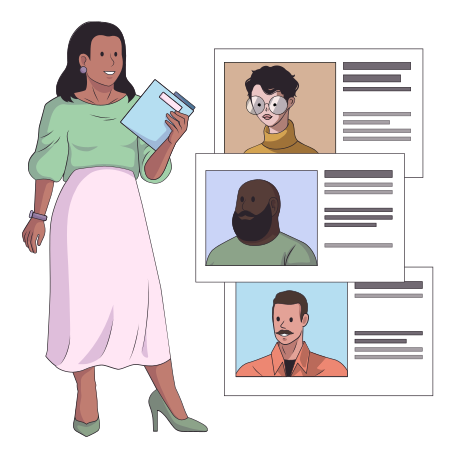 Woman recruiter choosing an employee from list of candidates Illustration in PNG, SVG