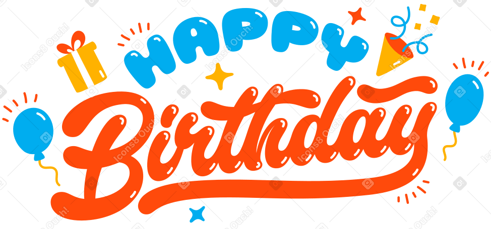 lettering happy birthday with balloons and gift text PNG, SVG