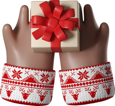 Brown skin hands in white Christmas sweater holding gift box PNG, SVG