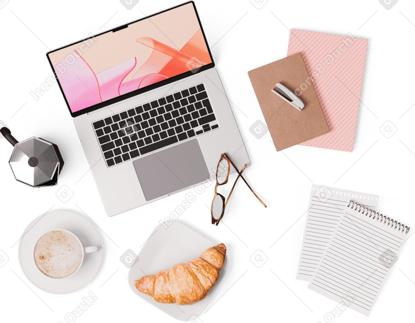3D top view of laptop, moka pot, notebooks, croissant, cup of coffee PNG, SVG