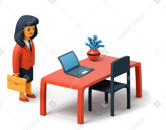3D Business woman standing next to her desk Illustration in PNG, SVG