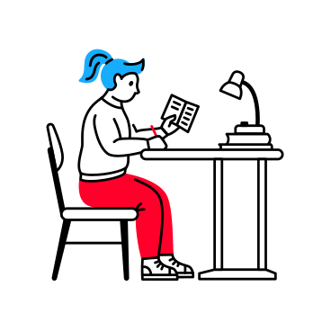 Woman is sitting at a table, holding a book and writing something PNG, SVG